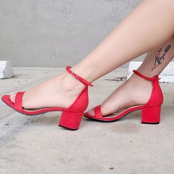 Red Ankle Straps Low Chunky Heels Sandals - Picture 2 of 5